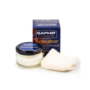 SAPHIR Renovateur front jar view showing size and sleek labeling benefit travel-ready care