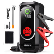 Scatach front view of compact jump starter showing ports and carry handle for easy transport