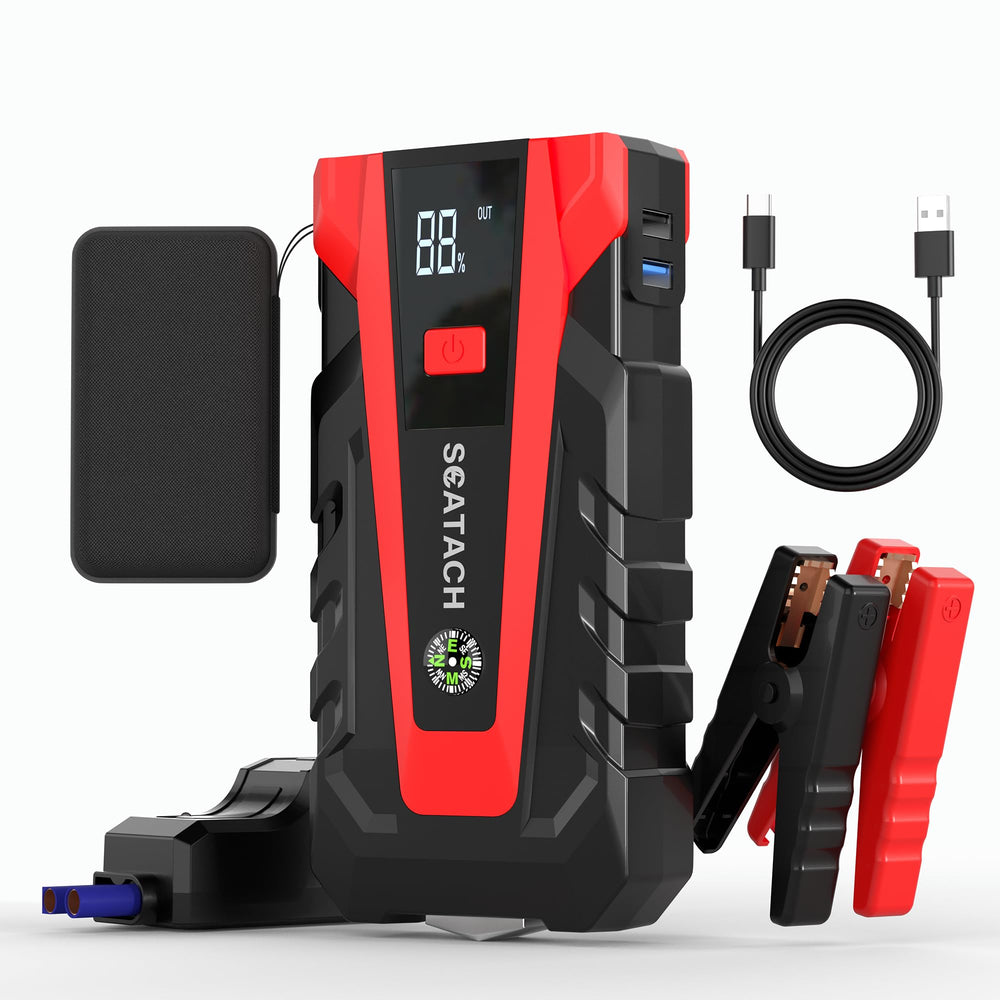 Scatach front view showing compact jump starter and benefits for quick starts