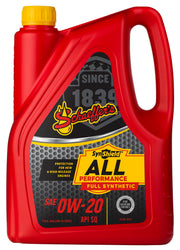 Schaeffer SynShield full synthetic 0W-20 gallon bottle showing label and benefits