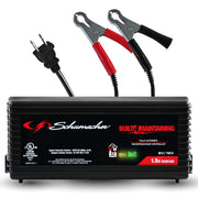 Schumacher front panel view showing compact charger and clear controls for garage convenience