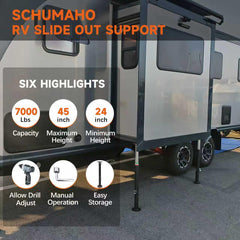 Schumaho jack supporting RV slide-out at campsite for steady interior movement benefit