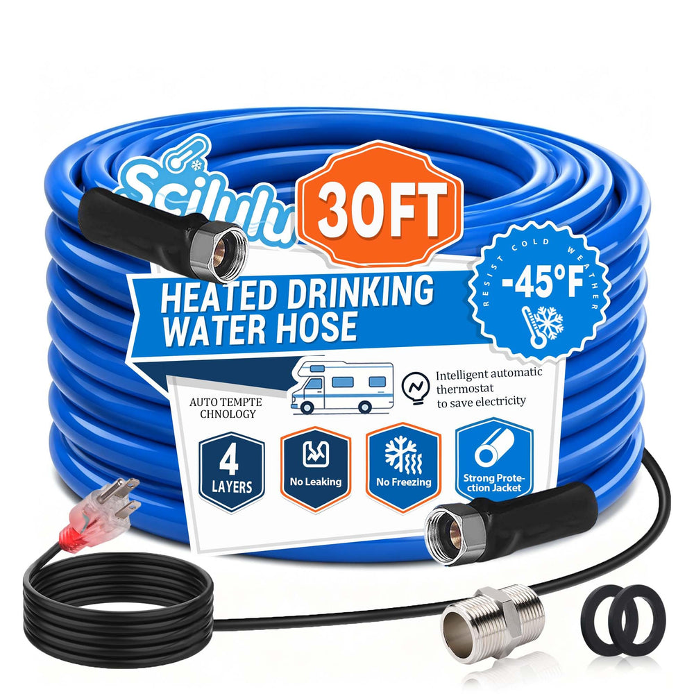 Scilulu 30FT front view showing full heated hose and connectors for reliable flow