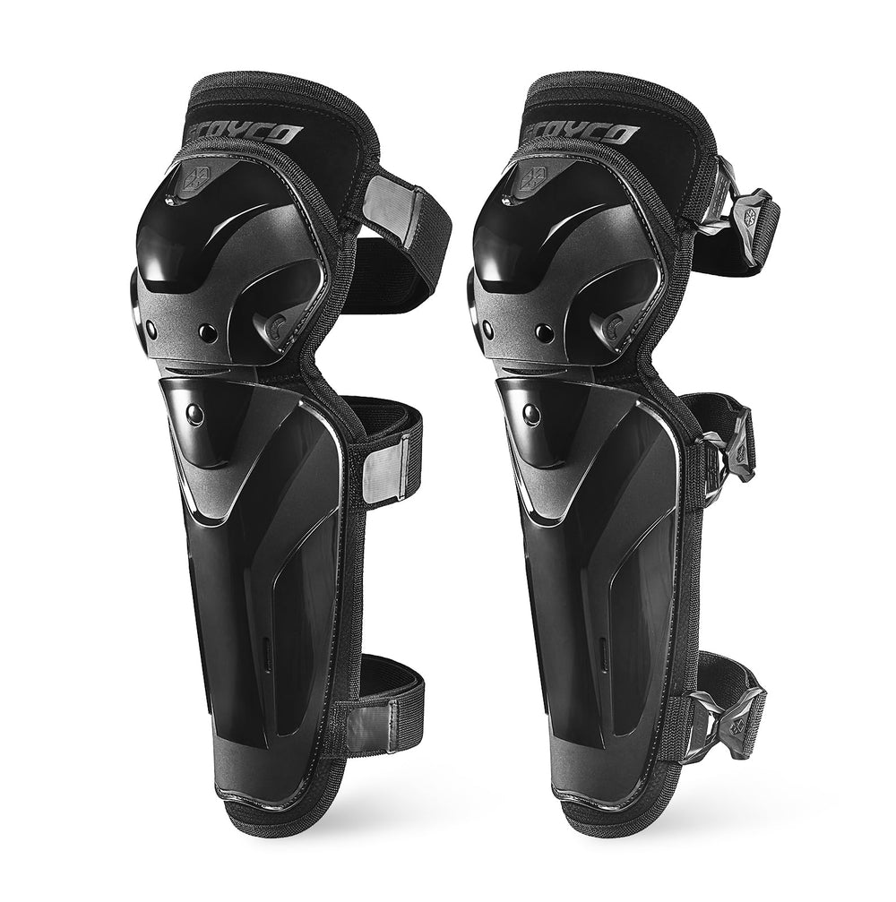 Scoyco front view knee guard showing robust TPU shell for certified impact protection