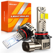 SEALIGHT 9005 bulb front view showing plug-and-play connector and bright benefit