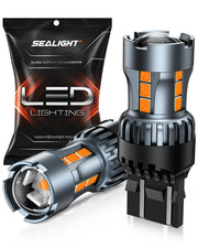 SEALIGHT front packaging showing two amber T20 bulbs and included decoders for easy install