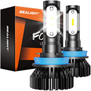 SEALIGHT front view of H11 H8 H16 LED fog bulbs showing packaging and bulbs with clear benefits