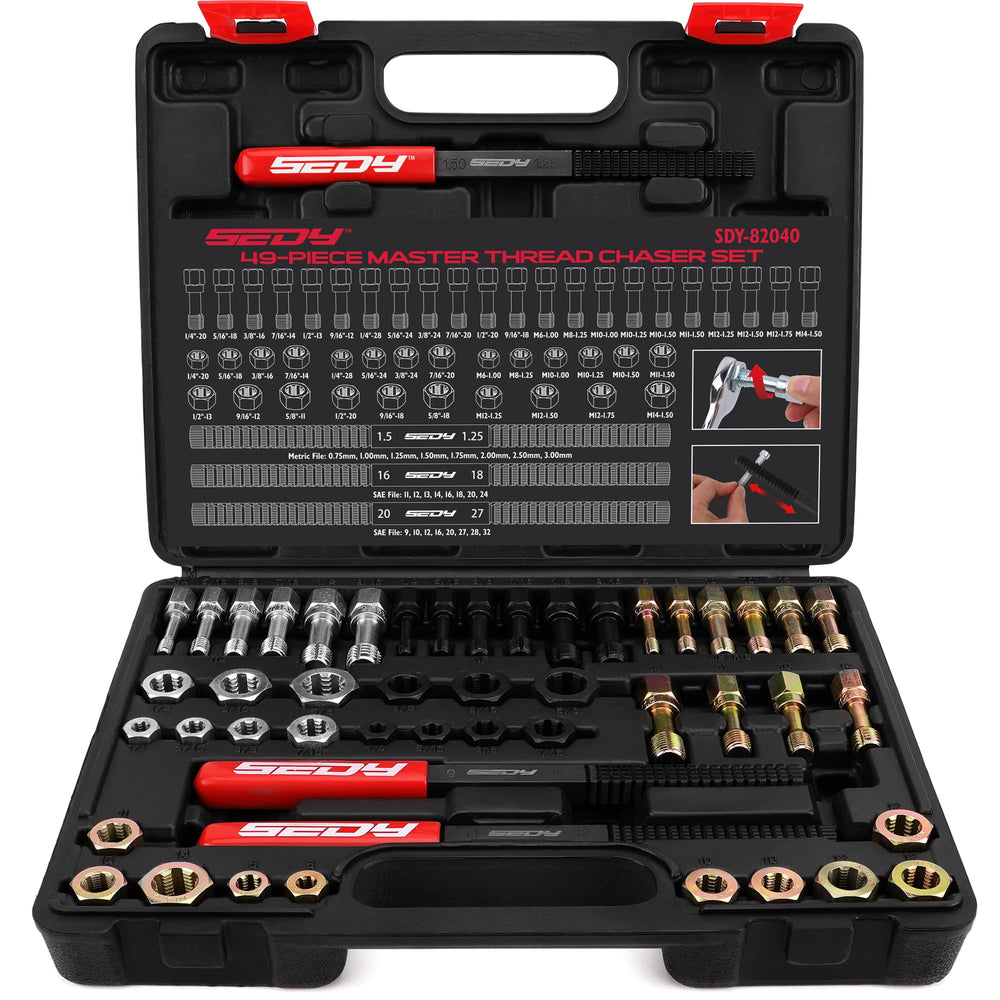 SEDY front packaging showing full 49-piece thread chaser set, portable and organized