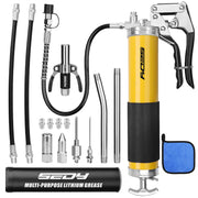 SEDY grease gun front view showing pistol grip and robust iron head for reliable pressure