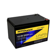 SEFEPODER front view showing compact 12V 20Ah battery and sturdy casing for portability
