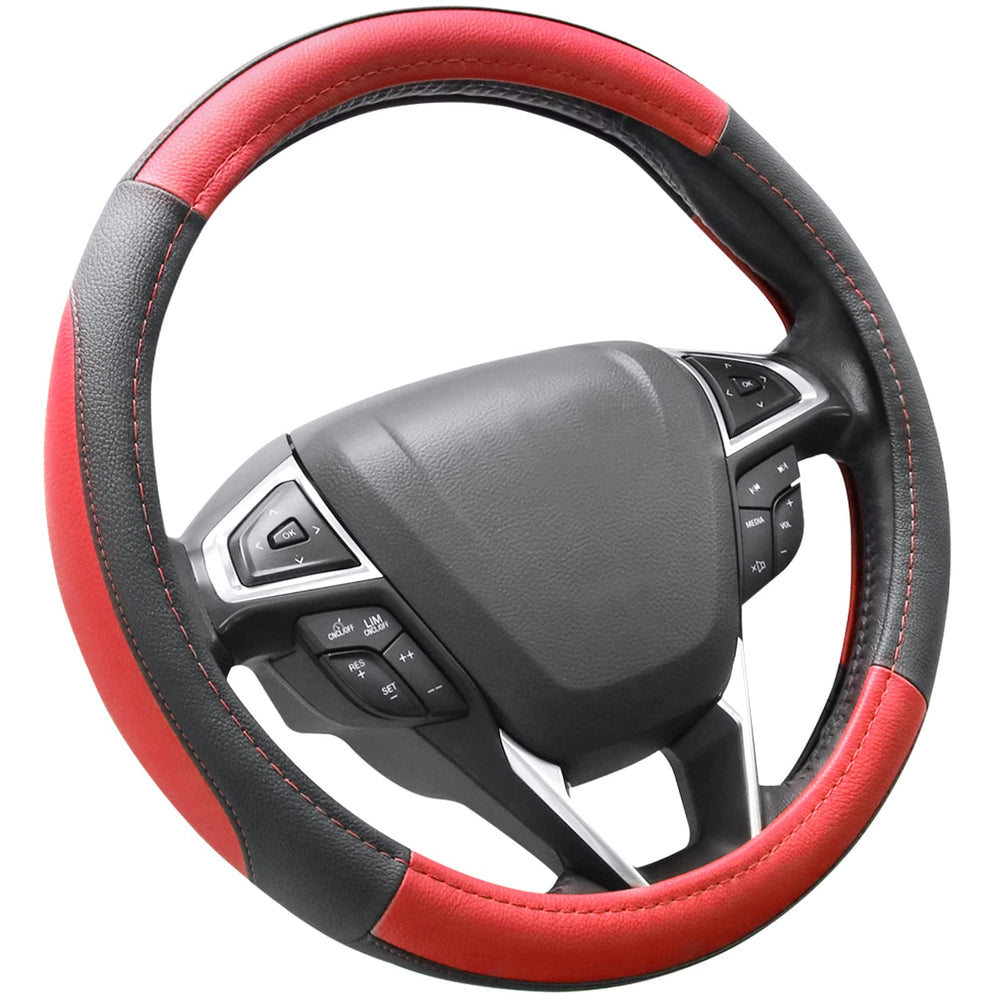 SEG Direct front view of steering wheel cover showing sporty black and red finish and fit
