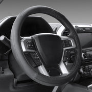 SEG Direct front view of black steering wheel cover showing sleek fit and improved appearance