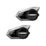 Sena 50S dual pack front view showing paired headsets and controls, clear setup benefit
