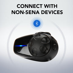 Sena SMH10-10 mounted on helmet side illustrating secure fit and accessibility