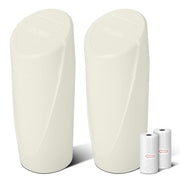 SGLRT front view of two cream trash cans showing compact design and storage benefit