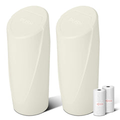 SGLRT front view of two cream trash cans showing compact design and storage benefit