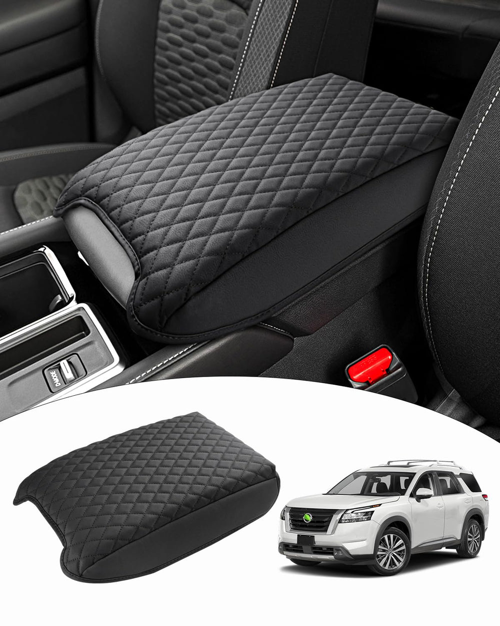 Shademax front view console cover on Pathfinder showing neat OEM-like finish and protection