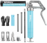 SHALL mini grease gun front view showing compact aluminum body and nozzle for precise use