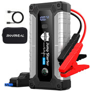 Sharmeal front view of jump starter showing controls and LED, reliable roadside help