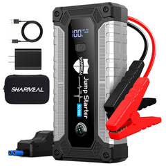 Sharmeal front view of jump starter showing compact rugged design and easy storage