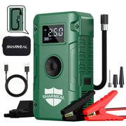 Sharmeal front view of jump starter showing compact design and controls for roadside readiness