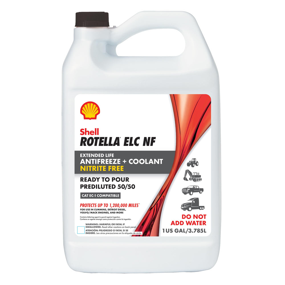 Shell Rotella 1-gallon front view showing ready-to-use 50/50 coolant benefit
