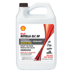 Shell Rotella 1-gallon front view showing ready-to-use 50/50 coolant benefit