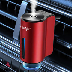 Shonoppy diffuser clipped to car vent demonstrating automatic fragrance distribution benefit