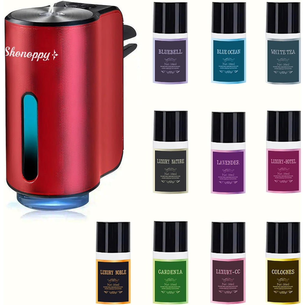 Shonoppy red diffuser front view showing compact vent-mounted design and premium look
