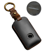 SIEVEN front view of leather key fob case showing button layout and premium finish protecting key
