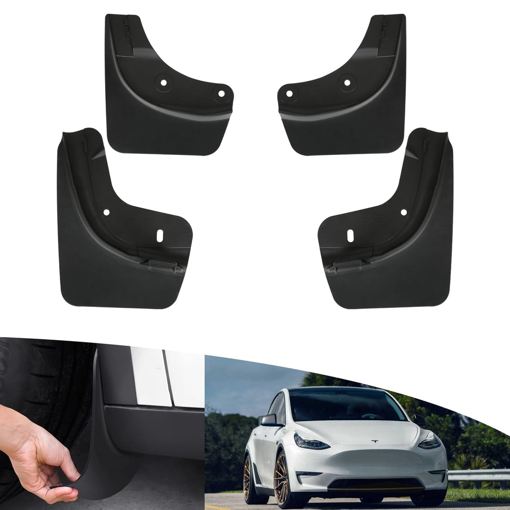 SIGLIN front left mud flap on Model Y showing OEM fit and protection