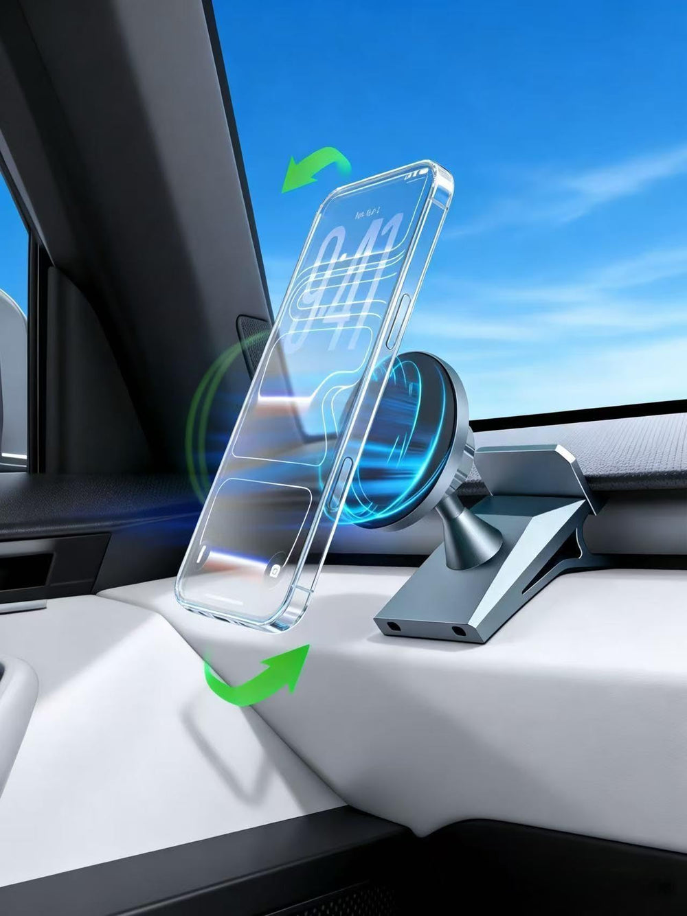 SiLiANK front mount shown mounted on Cybertruck dashboard, secure fit benefit
