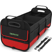 Simniam front view of red trunk organizer showing compartments and brand benefit tidy storage