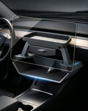SirLord front installed under Tesla screen showing neat storage benefit