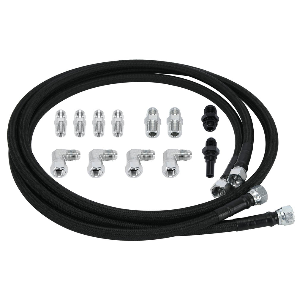SJDYYMX front view of full 6AN 70 inch hose kit showing contents and benefits