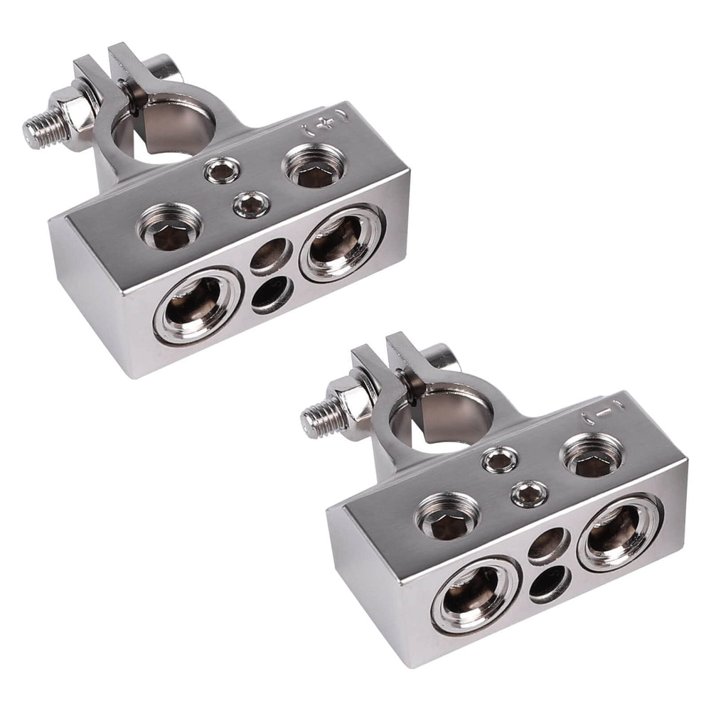 Skar Audio front view of top-post terminal pair showing ports and fit benefit