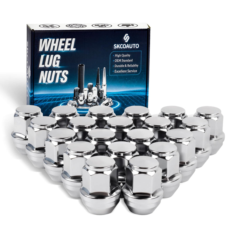 SKCOAUTO chrome lug nuts front packaging showing 20-piece set and benefits