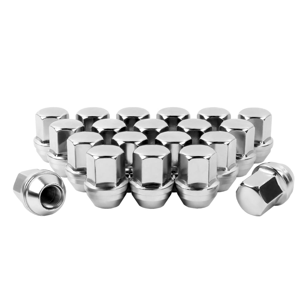 SKCOAUTO front view chrome lug nuts showing complete 20-piece set and fitment benefits
