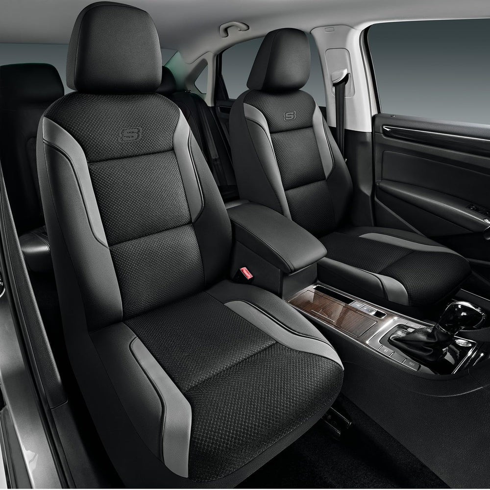 Skechers front seat covers showing full gray fit and protection