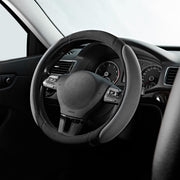 Skechers front view of steering wheel cover showing fit and color, enhancing interior style