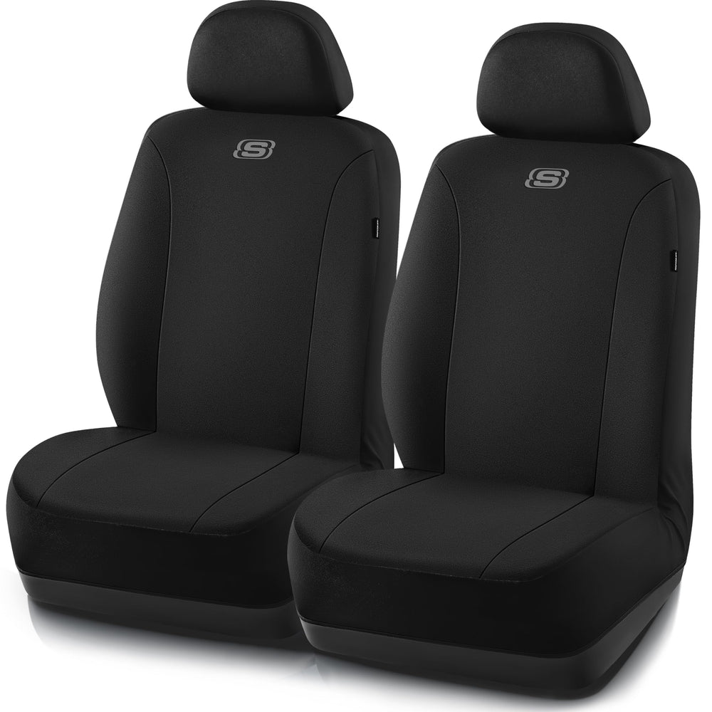 Skechers front view showing fitted black seat covers and refreshed cabin look