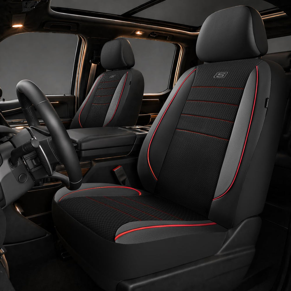 Skechers red front seat covers on packaging showing fit and comfort