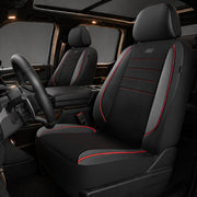 Skechers red front seat covers on packaging showing fit and comfort