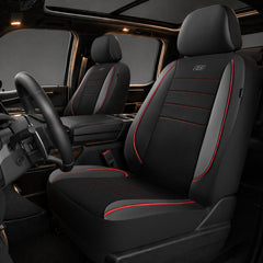 Skechers red front seat covers on packaging showing fit and comfort