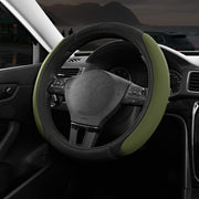 Skechers front view of steering wheel cover showing black and olive colors and fit benefit