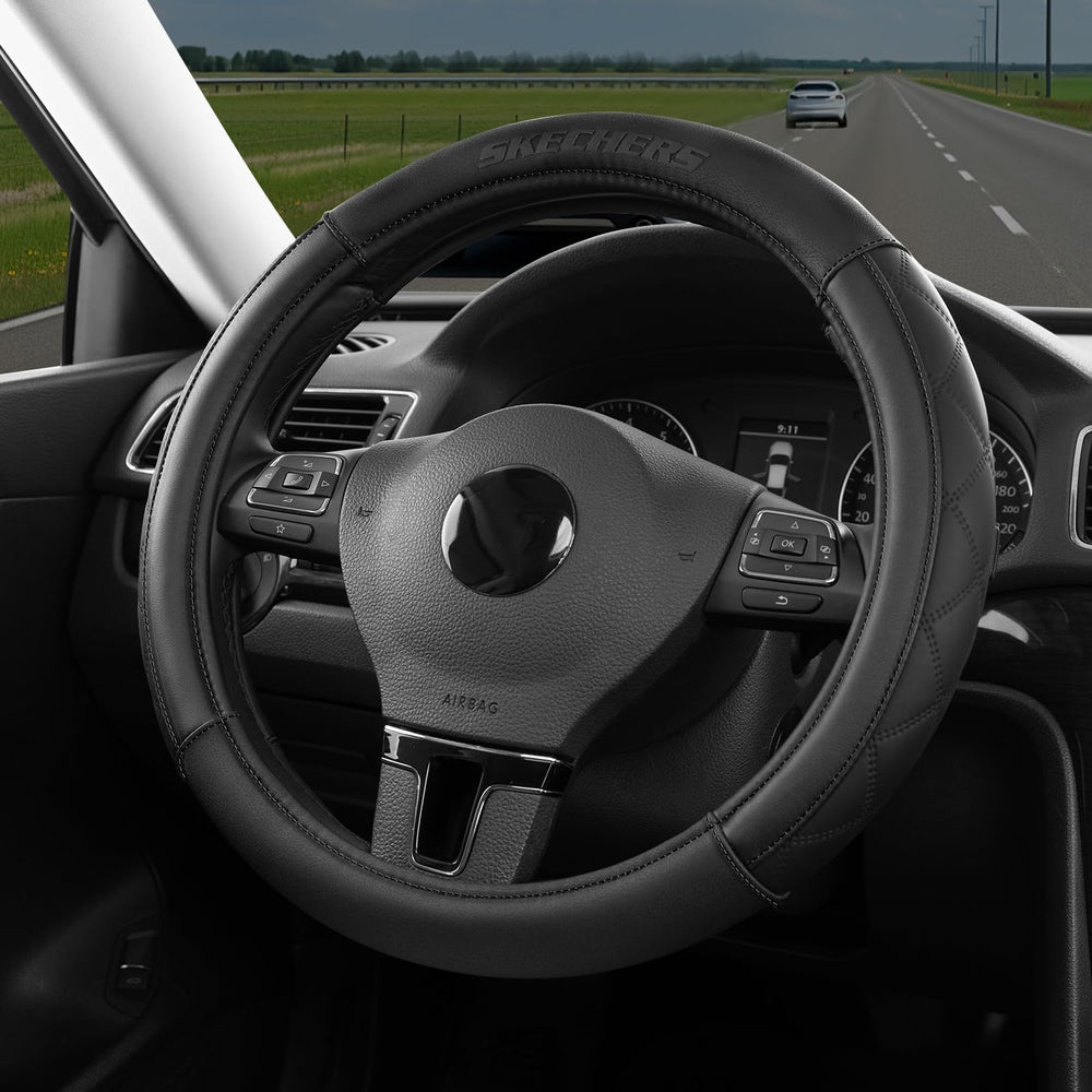 Skechers front view of steering wheel cover showing sleek black fit and enhanced style