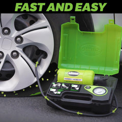 Slime connection hose attached to tire valve demonstrating fast one‑touch repair