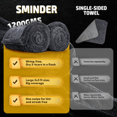 SMINDER towel on car hood demonstrating large 36x24 size for fast drying