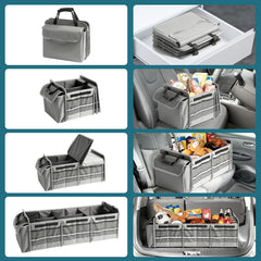 Snuopfy in trunk with groceries demonstrating secure transport and tidy vehicle organization