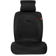 Sojoy front seat cover packaging showing contents and carbon black color benefit